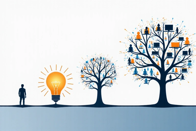 Timeline illustration showing the growth of a tech company from a small idea to a large community