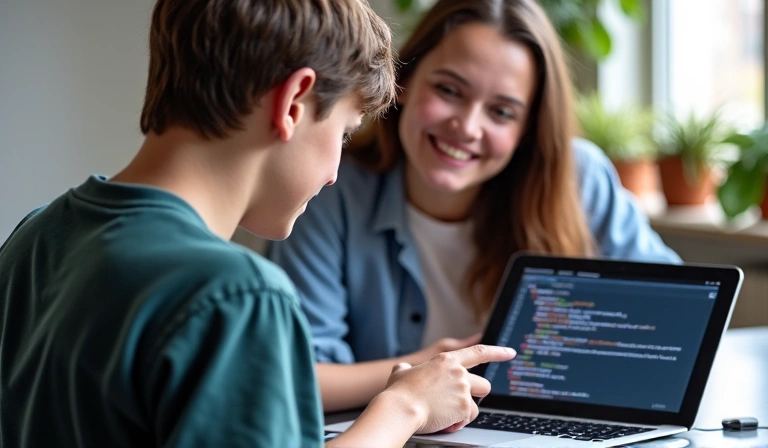 Person learning to code on a tablet with a mentor