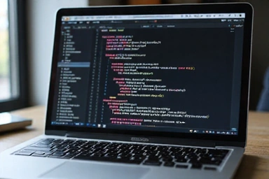 Laptop showing a Python code editor with syntax highlighting