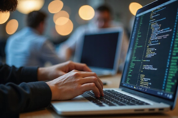 Person coding on a laptop with lines of code displayed