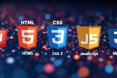 Web development tools on a screen: HTML, CSS, JavaScript logos
