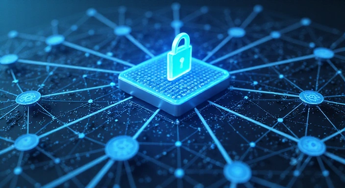 Illustration of a cybersecurity system with interconnected nodes and data flow