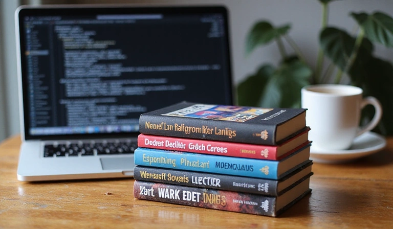 A stack of diverse programming books on a wooden desk, with a laptop and a coffee cup in the background.