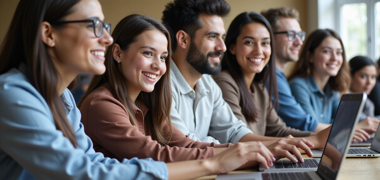A group of diverse people smiling and engaged in a learning environment.
